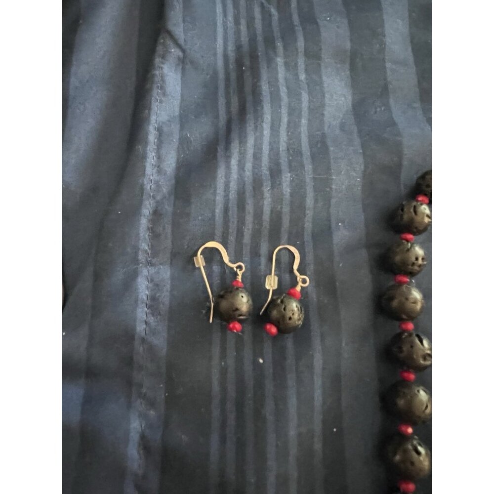 Natural Lava Stone Mala Bead Necklace, Bracelet Earrings Set. Adjustable - Picture 3 of 5